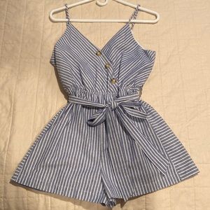 Purple Snow blue striped romper with tie